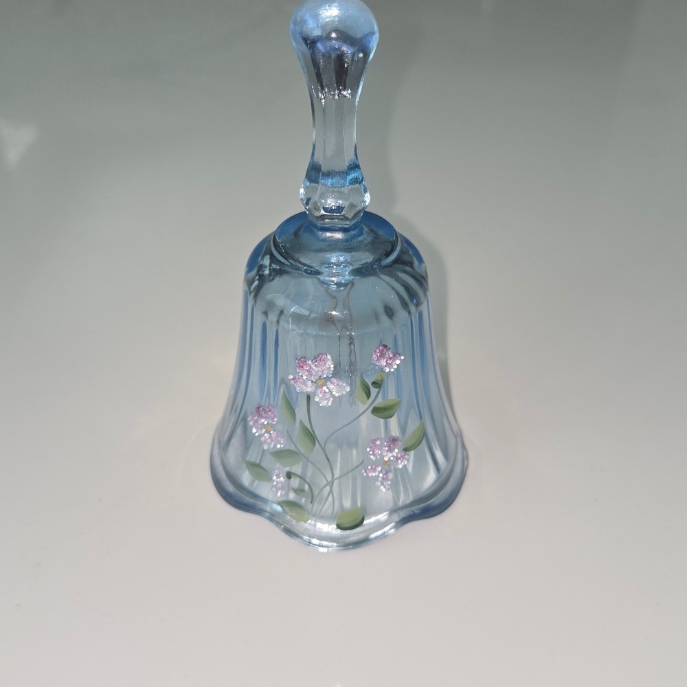 Fenton Blue Satin Glass Bell Hand Painted Floral Artist Signed Vintage Decor